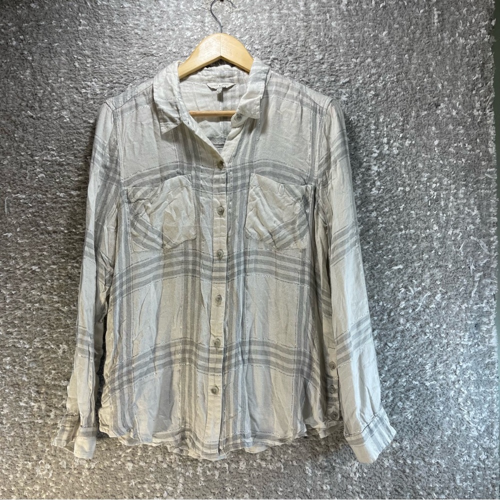 Lucky Brand Plaid Button Down Shirt Size Large with Side‎ Button Slits Viscose